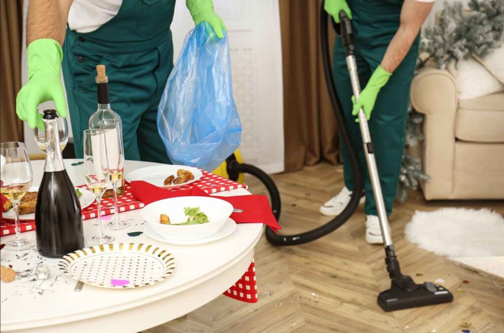 Two cleaners disposing thrashes and vacuuming the floor