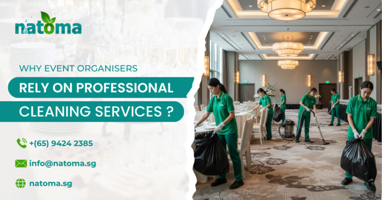 Few Natoma cleaners are cleaning the banquet event venue.