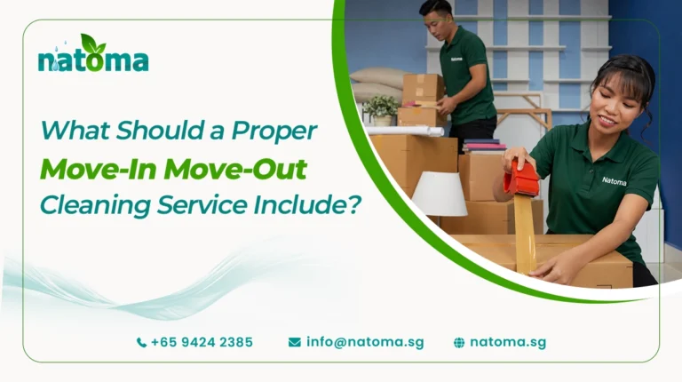 Professional move-in and move-out cleaning service advertisement by Natoma featuring cleaning staff packing and organizing boxes, with the text โWhat Should a Proper Move-In Move-Out Cleaning Service Include?โ along with contact details and website information.