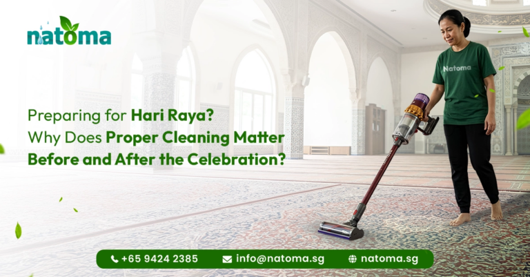 Natoma cleaner in a dark green t-shirt cleaning a large hall