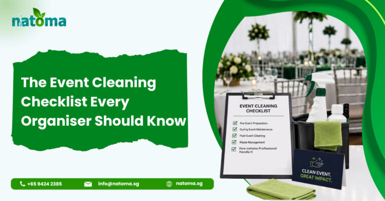 A green and white promotional banner titled "The Event Cleaning Checklist Every Organiser Should Know." To the right, a photograph shows a blurred event space with a focused foreground containing a checklist on a clipboard, cleaning supplies in a caddy, and a stack of green microfiber cloths.