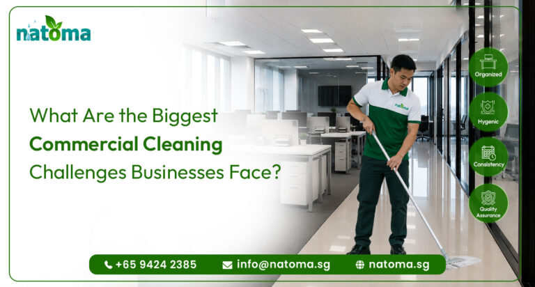 An advertisement for a commercial cleaning service featuring a man in a green and white uniform mopping a bright, modern office hallway.