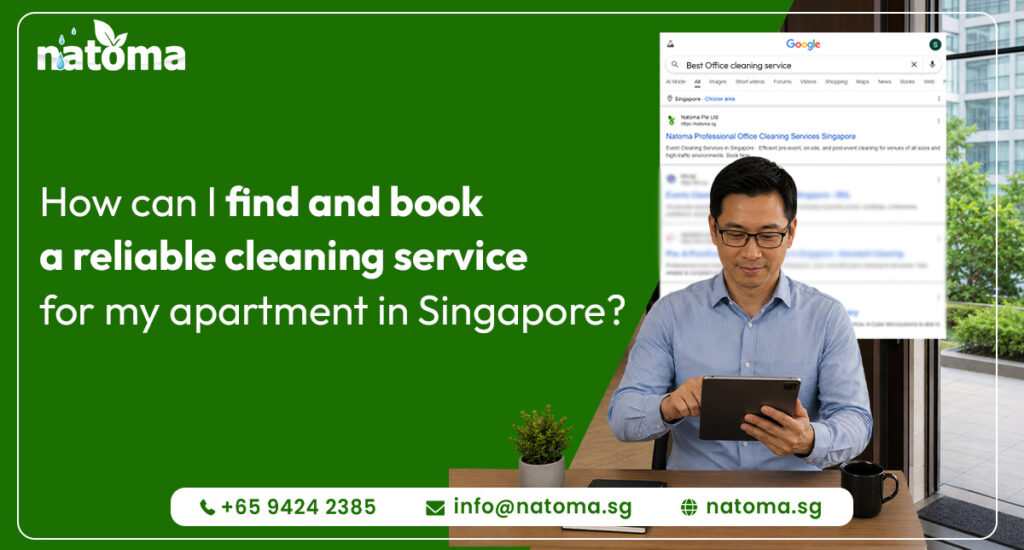 An office Manager sits at a desk using a tablet, with a Google search page for "Best office cleaning service" overlaid behind him. The image features a bright green background and the website address "Natoma Professional Office cleaning service" at the bottom.