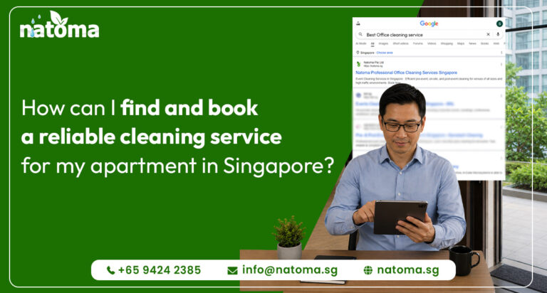 An office Manager sits at a desk using a tablet, with a Google search page for "Best office cleaning service" overlaid behind him. The image features a bright green background and the website address "Natoma Professional Office cleaning service" at the bottom.