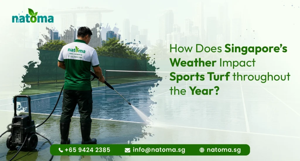 Natoma cleaner using a pressure washer on a blue surface, likely sports turf. Beside him, the text asks: "How Does Singapore's Weather Impact Sports Turf throughout the Year?"