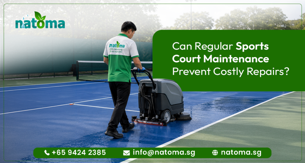 Professional cleaner using an industrial floor scrubber for sports court maintenance and sports court cleaning services on a blue sports court.