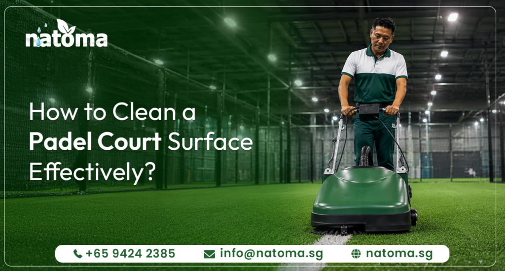 A man in a white and green polo shirt operating a green walk-behind padel court cleaning and maintenance machine on an indoor artificial grass field.