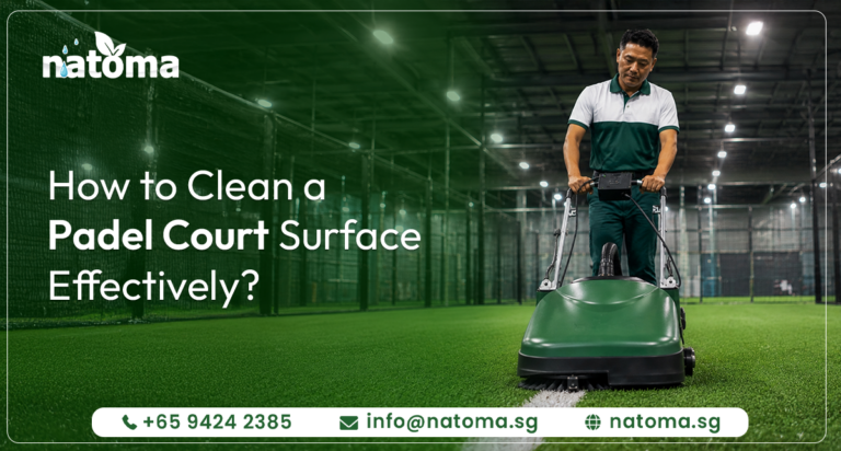 A man in a white and green polo shirt operating a green walk-behind padel court cleaning and maintenance machine on an indoor artificial grass field.