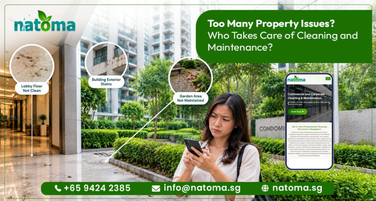 A propert manager woman stands outdoors in a condominium, look at her smartphone screen to searching Property management company.